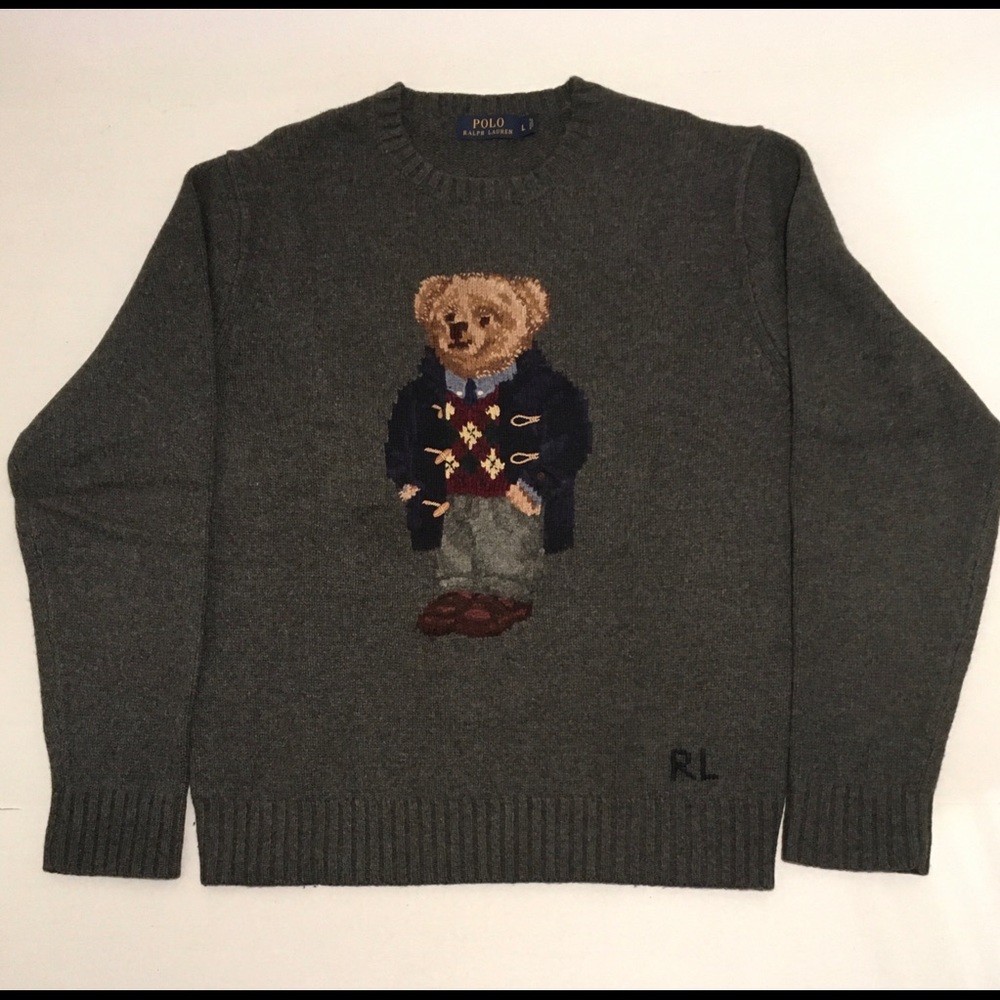 Polo grey toggle coat bear sweater, large